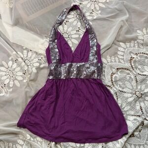 RARE Y2K Rubber Doll Purple Sequin Halter Top Babydoll V-Neck XS NWT